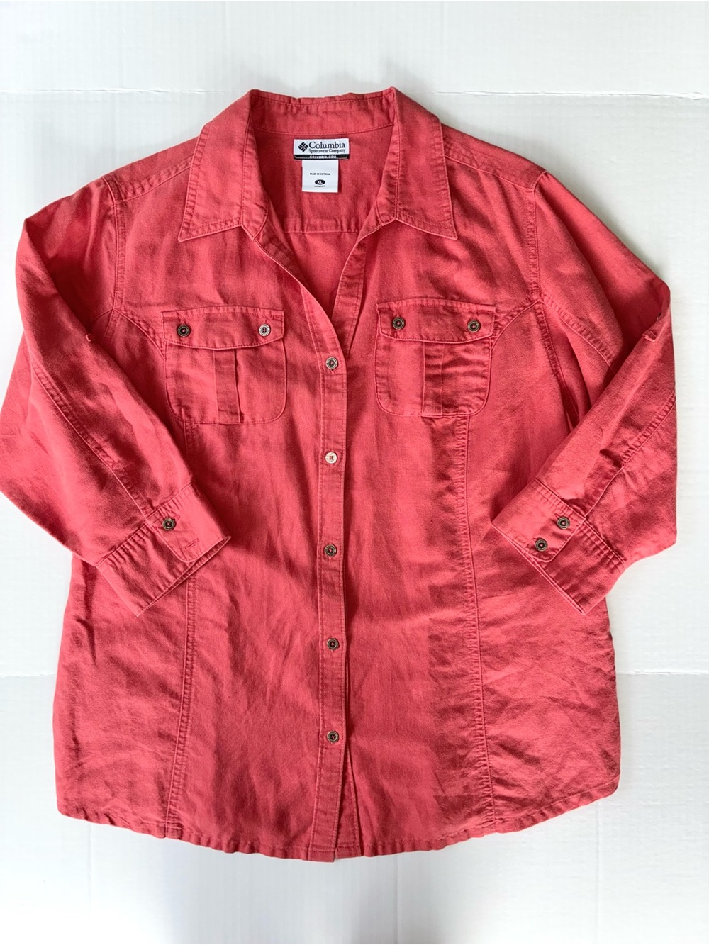 Columbia Sportswear Women’s 3/4 Sleeve Button Up Linen Shirt Size XL Coral